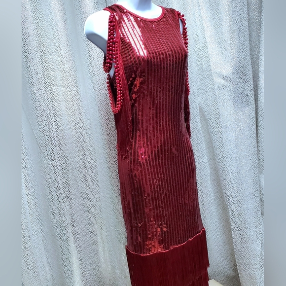 Sequin Fringe Red Party Dress Tassels 1920s Flapper Elegant Red Sequin Dress - Picture 8 of 11